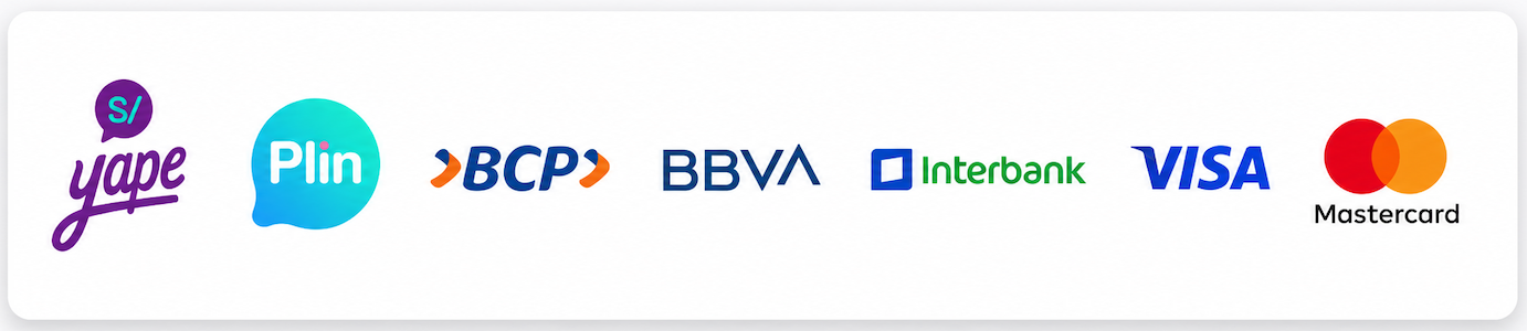 Medios de pago disponibles: Yape, Plin, BCP, BBVA, Interbank, Visa y Mastercard